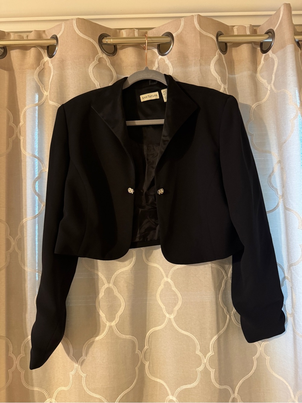 Ann Taylor Black Cropped Blazer with Decorative Buttons and ruched sleeves